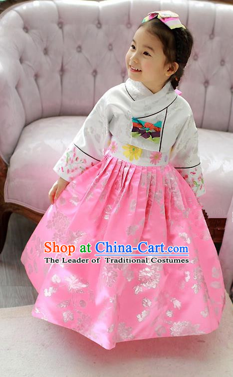 Korean National Handmade Formal Occasions Embroidered White Blouse and Pink Dress Hanbok Costume for Kids