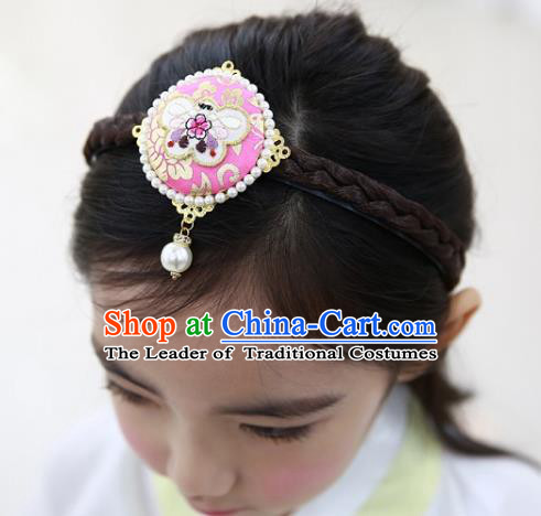 Traditional Korean Hair Accessories Embroidered Butterfly Pink Hair Clasp, Asian Korean Wedding Hanbok Hair Decorations Headwear for Kids