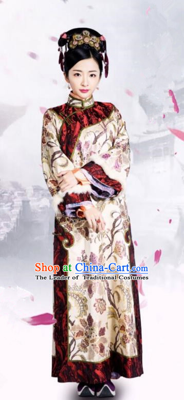 Traditional Chinese Qing Dynasty Palace Lady Costume and Headpiece Complete Set, China Ancient Manchu Princess Mandarin Embroidered Clothing for Women