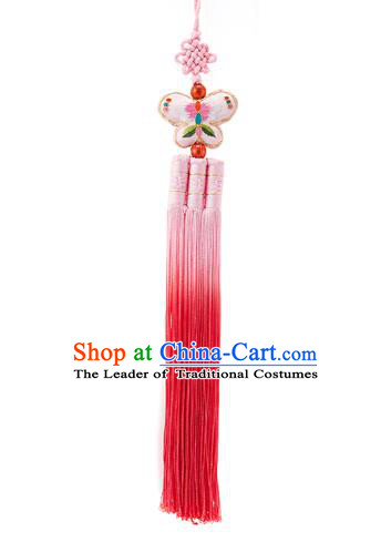 Traditional Korean Accessories Embroidered Butterfly Waist Pendant Chinese Knot Palace Taeniasis, Asian Korean Wedding Hanbok Pink Tassel Waist Decorations for Women
