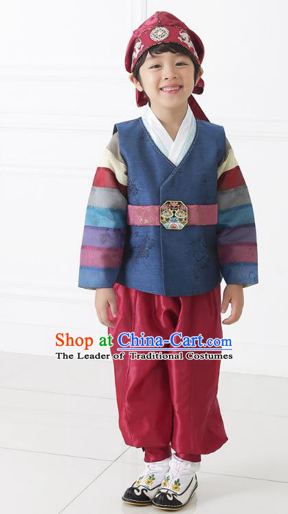 Asian Korean National Traditional Handmade Formal Occasions Boys Embroidery Navy Hanbok Costume Complete Set for Kids
