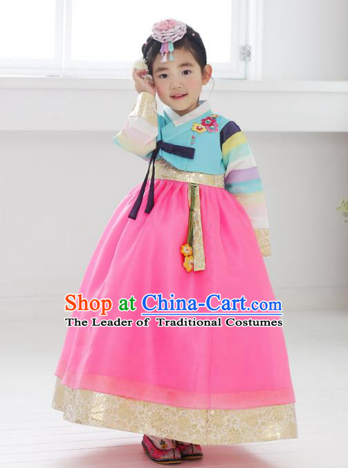 Asian Korean National Handmade Formal Occasions Embroidered Blue Blouse and Pink Dress Hanbok Costume for Kids