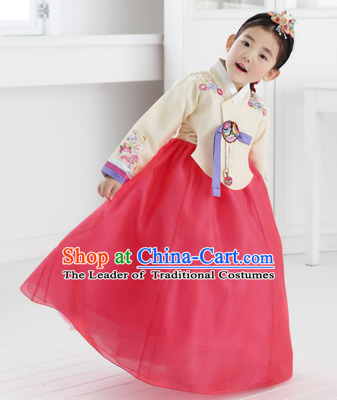 Asian Korean National Handmade Formal Occasions Embroidered Beige Blouse and Pink Dress Hanbok Costume for Kids
