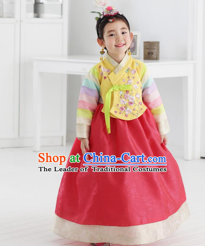 Asian Korean National Handmade Formal Occasions Embroidered Yellow Blouse and Red Dress Hanbok Costume for Kids