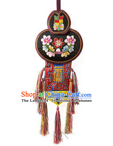 Korean National Belts Accessories Bride Wedding Hanbok Embroidered Flowers Black Waist Pendant, Asian Korean Tassel Waist Decorations for Women