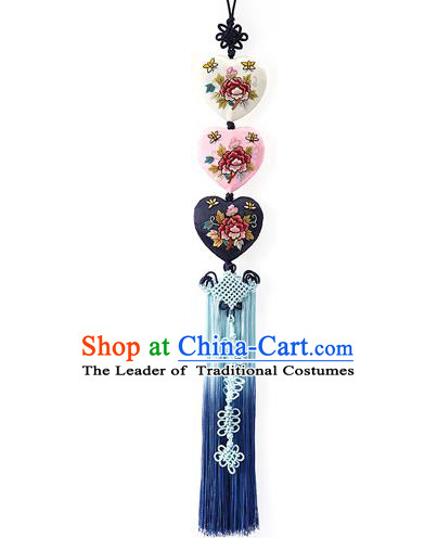 Asian Korean Hanbok Embroidered Flowers Blue Tassel Waist Decorations, Korean National Belts Accessories Wedding Bride Waist Pendant for Women