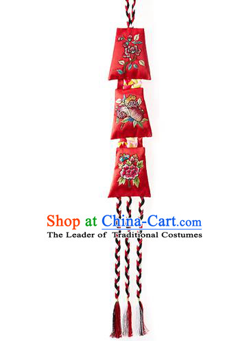 Asian Korean National Belts Accessories Bride Wedding Hanbok Embroidered Flowers Waist Pendant, Korean Red Waist Decorations for Women