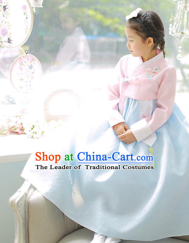 Asian Korean National Handmade Formal Occasions Embroidery Pink Blouse and Blue Dress Hanbok Costume for Kids