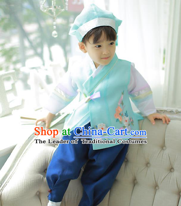 Asian Korean National Traditional Handmade Formal Occasions Boys Prince Embroidered Green Hanbok Costume Complete Set for Kids