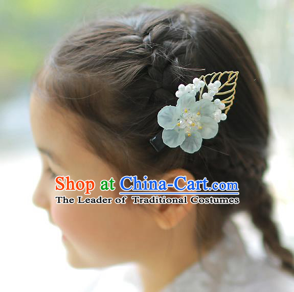 Korean National Hair Accessories Blue Flowers Hair Claw, Asian Korean Hanbok Fashion Headwear Hair Stick for Kids