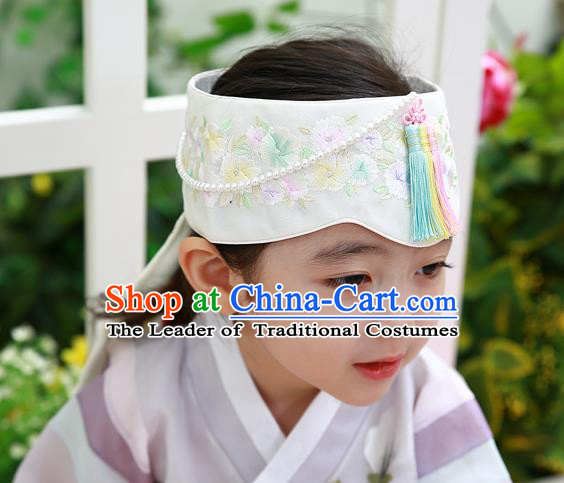 Traditional Korean Hair Accessories Bride Embroidered Flowers White Tassel Hats, Asian Korean Fashion Hanbok Headwear for Girls