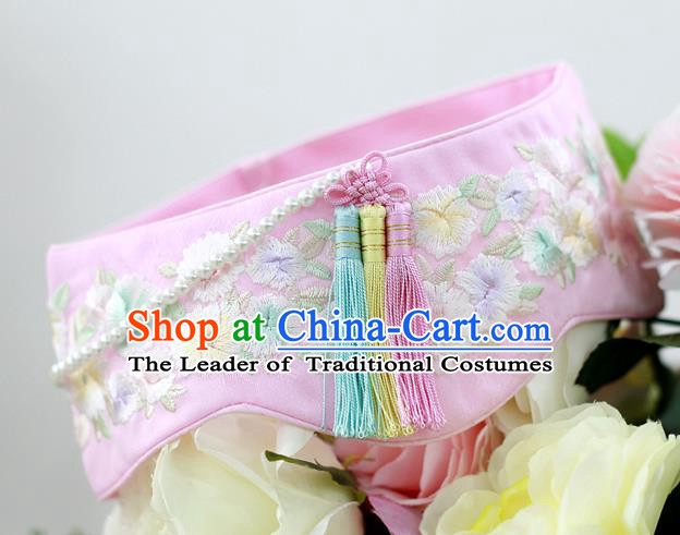 Traditional Korean Hair Accessories Bride Embroidered Flowers Pink Tassel Hats, Asian Korean Fashion Hanbok Headwear for Girls