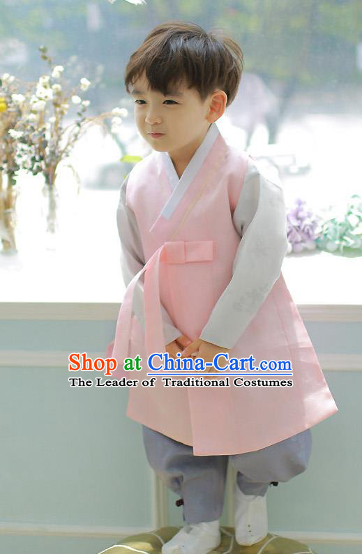 Asian Korean National Handmade Formal Occasions Embroidered Palace Prince Pink Hanbok Costume Complete Set for Boys