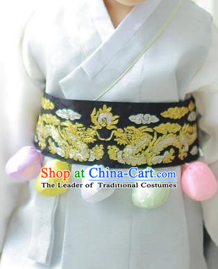 Traditional Korean Accessories Embroidered Dragon Black Waist Belts, Asian Korean Fashion Waistband Decorations for Kids