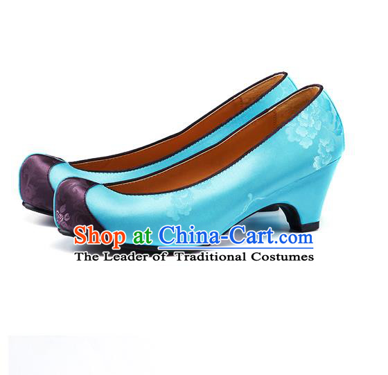 Traditional Korean National Wedding Embroidered Blue Shoes, Asian Korean Hanbok Bride Embroidery Satin Shoes for Women