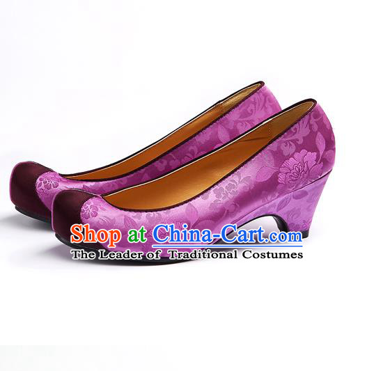 Traditional Korean National Wedding Embroidered Purple Shoes, Asian Korean Hanbok Bride Embroidery Satin Shoes for Women
