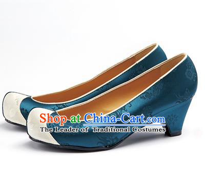 Traditional Korean National Wedding Peacock Blue Embroidered Shoes, Asian Korean Hanbok Bride Embroidery Satin High-heeled Shoes for Women