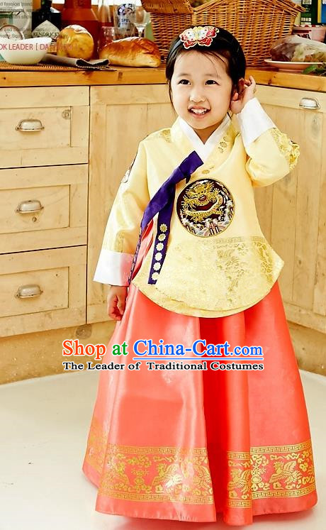 Asian Korean National Handmade Formal Occasions Wedding Embroidered Yellow Blouse and Red Dress Palace Hanbok Costume for Kids