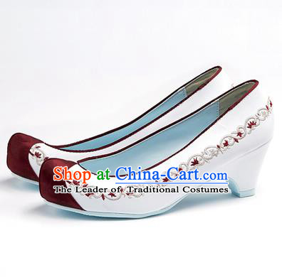 Traditional Korean National Wedding Shoes Red Head Embroidered Shoes, Asian Korean Hanbok Embroidery White High-heeled Court Shoes for Women