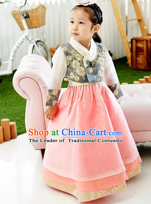 Asian Korean National Handmade Formal Occasions Wedding Embroidered Black Blouse and Pink Dress Traditional Palace Hanbok Costume for Kids