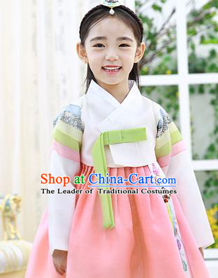 Asian Korean National Handmade Formal Occasions Wedding Embroidered White Blouse and Pink Dress Traditional Palace Hanbok Costume for Kids