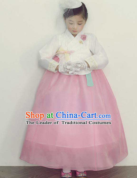 Asian Korean National Handmade Formal Occasions Wedding Embroidered White Blouse and Pink Dress Traditional Palace Hanbok Costume for Kids