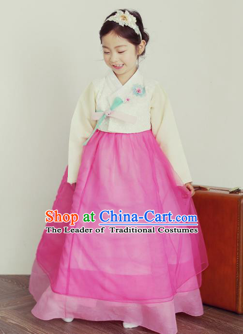 Asian Korean National Handmade Formal Occasions Wedding Embroidered Beige Blouse and Pink Dress Traditional Palace Hanbok Costume for Kids