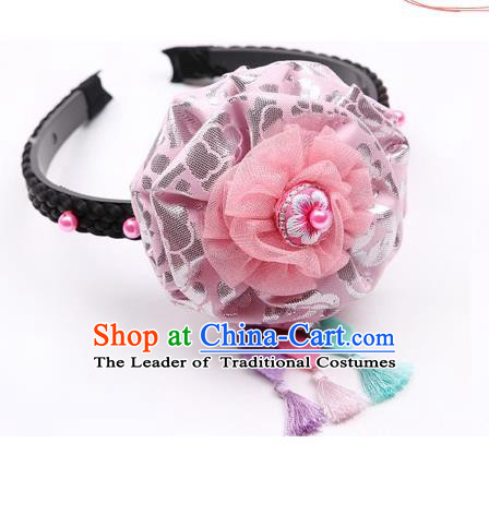 Traditional Korean Hair Accessories Pink Silk Flower Hair Clasp, Asian Korean Hanbok Fashion Headwear Headband for Kids