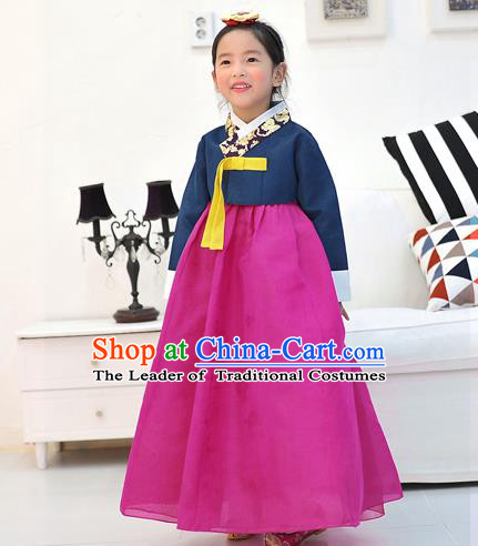 Asian Korean National Handmade Formal Occasions Wedding Embroidered Navy Blouse and Pink Dress Traditional Palace Hanbok Costume for Kids
