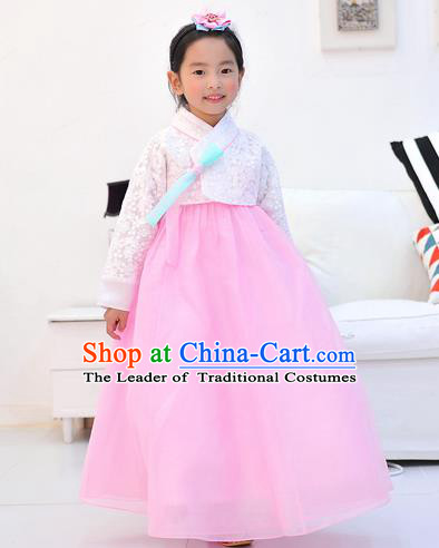Asian Korean National Handmade Formal Occasions Wedding Embroidered White Lace Blouse and Pink Dress Traditional Palace Hanbok Costume for Kids