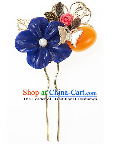Traditional Korean National Wedding Hair Accessories Bride Palace Blue Flower Butterfly Hairpins, Korean Hanbok Fashion Hair Stick Headwear for Women