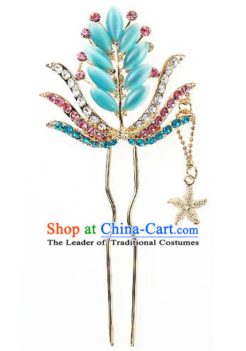 Traditional Korean National Wedding Hair Accessories Bride Palace Blue Crystal Hairpins, Korean Hanbok Fashion Hair Stick Headwear for Women