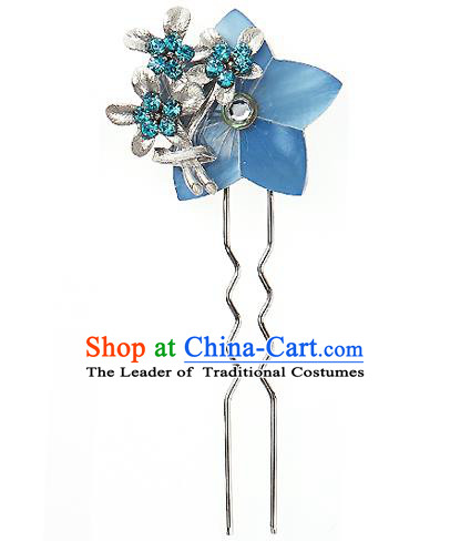 Traditional Korean National Wedding Hair Accessories Bride Palace Cyphers Blue Flower Crystal Hairpins, Korean Hanbok Fashion Hair Stick Headwear for Women