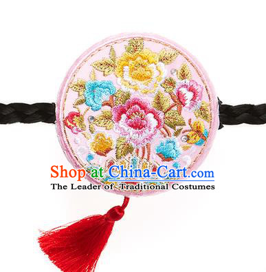 Traditional Korean National Hair Accessories Embroidered Pink Hair Clasp, Asian Korean Hanbok Fashion Headwear Palace Headband for Kids