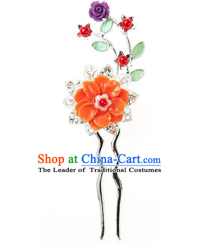 Traditional Korean National Hair Accessories Orange Flowers Hairpins, Korean Palace Hanbok Fashion Headwear for Women