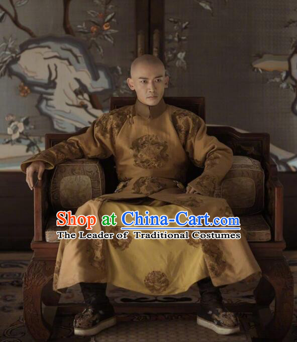 Story of Yanxi Palace Traditional Chinese Qing Dynasty Imperial Emperor Costume, Chinese Ancient Manchu Majesty Mandarin Embroidered Informal Clothing for Men