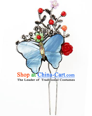 Korean National Wedding Hair Accessories Bride Blue Butterfly Hairpins, Korean Hanbok Fashion Palace Hair Stick for Women