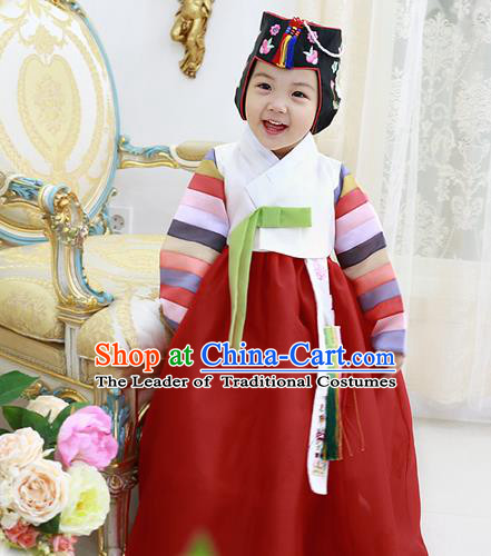 Asian Korean National Handmade Formal Occasions Wedding Clothing White Blouse and Red Dress Palace Hanbok Costume for Kids