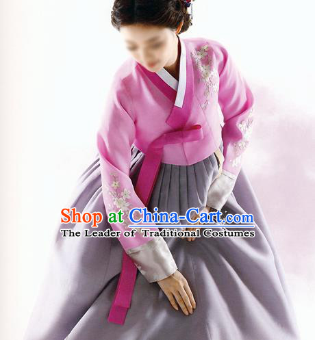 Asian Korean National Traditional Handmade Formal Occasions Bride Embroidered Wedding Pink Hanbok Costume Complete Set