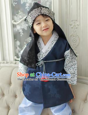	 Asian Korean National Traditional Handmade Formal Occasions Boys Embroidery Navy Vest Hanbok Costume Complete Set for Kids