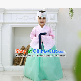 Asian Korean National Handmade Formal Occasions Wedding Clothing Pink Blouse and Green Dress Palace Hanbok Costume for Kids