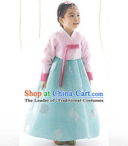 Asian Korean National Handmade Formal Occasions Pink Blouse and Green Dress Palace Hanbok Costume for Kids