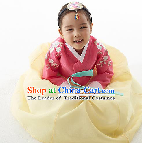 Asian Korean National Handmade Formal Occasions Wedding Clothing Pink Blouse and Yellow Dress Palace Hanbok Costume for Kids