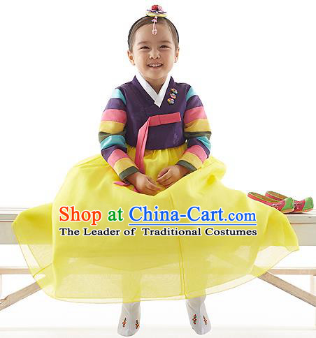 Asian Korean National Handmade Formal Occasions Wedding Clothing Purple Blouse and Yellow Dress Palace Hanbok Costume for Kids