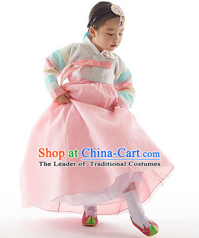 Asian Korean National Handmade Formal Occasions Wedding Clothing Embroidered White Blouse and Pink Dress Palace Hanbok Costume for Kids