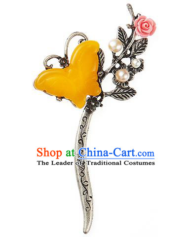 Korean National Wedding Hair Accessories Bride Yellow Butterfly Hair Clip, Korean Hanbok Fashion Palace Hairpins for Women