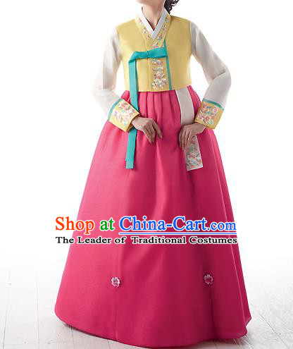 Asian Korean National Handmade Formal Occasions Wedding Bride Clothing Embroidered Yellow Blouse and Pink Dress Palace Hanbok Costume for Women