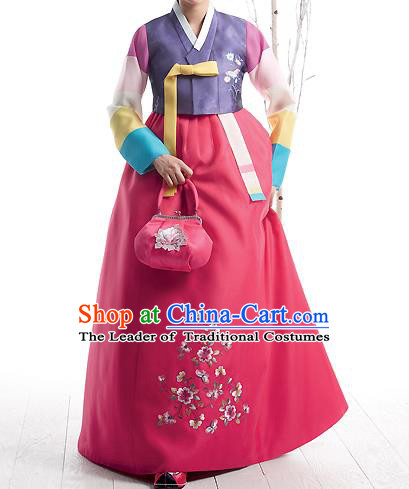 Asian Korean National Handmade Formal Occasions Wedding Bride Clothing Embroidered Purple Blouse and Pink Dress Palace Hanbok Costume for Women