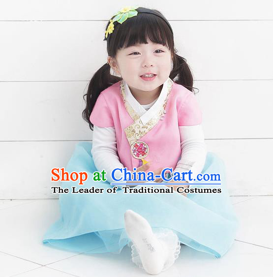 Asian Korean National Handmade Formal Occasions Wedding Bride Clothing Embroidered Pink Blouse and Blue Dress Palace Hanbok Costume for Kids
