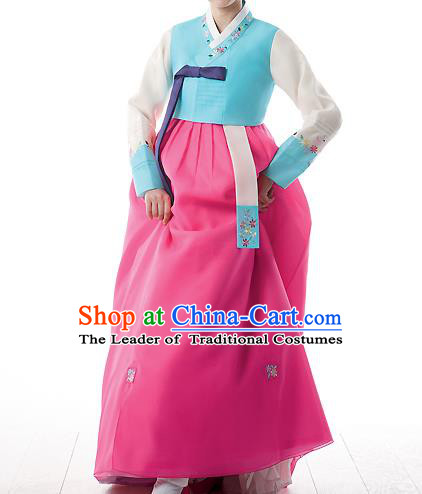 Korean National Handmade Formal Occasions Wedding Bride Clothing Embroidered Blue Blouse and Pink Dress Palace Hanbok Costume for Women